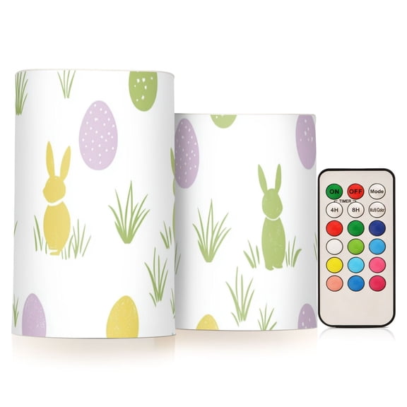 Rabbits Easter Eggs Grass Pastel Color Flickering Flameless Candles LED Tealight Battery Operated with Remote Set of 2 Holiday Decor Ornaments
