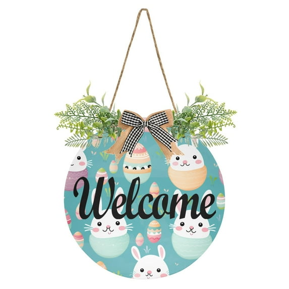 Rabbits Easter Eggs Welcome Sign for Front Door Wreath Door Sign for Farmhouse Porch Decoration Indoor Outdoor