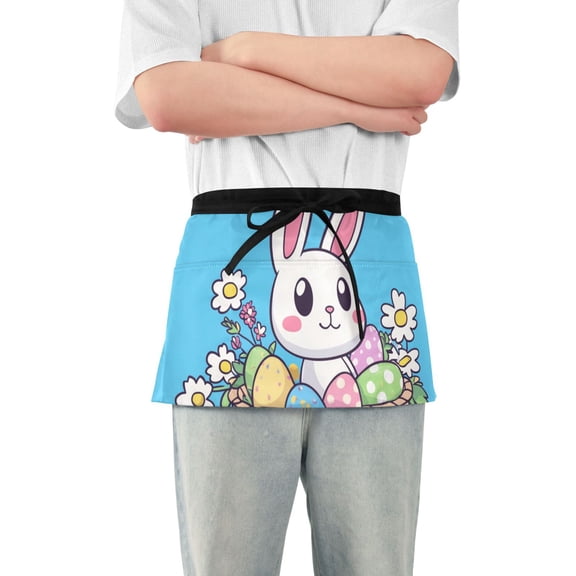 Rabbits Eggs Florals Happy Easter Short Server Apron with 3 Pockets for Unisex Chef Gardening