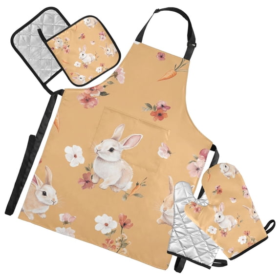 Rabbits Florals Carrots Leaves Apron Set with Oven Mitts Pot Holders Set of 5 Kitchen Stuff Accessories