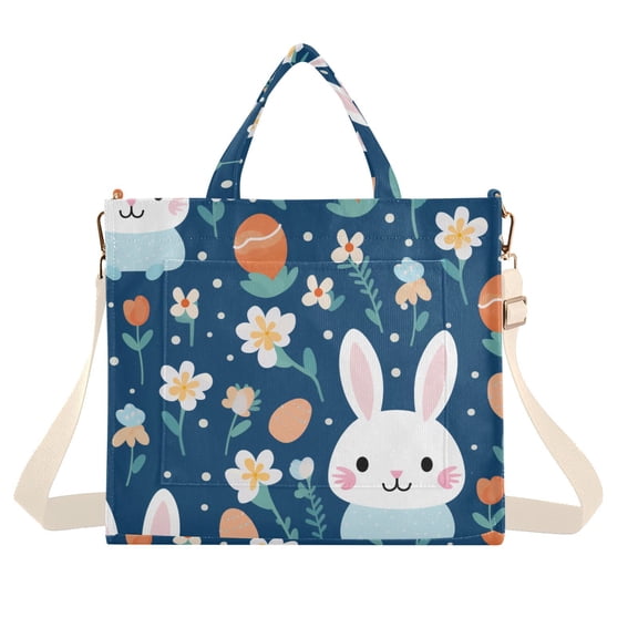 Rabbits Flowers Corduroy Tote Bag Handbag Large Messenger Bag Shoulder Crossbody Zipper Bag Purse