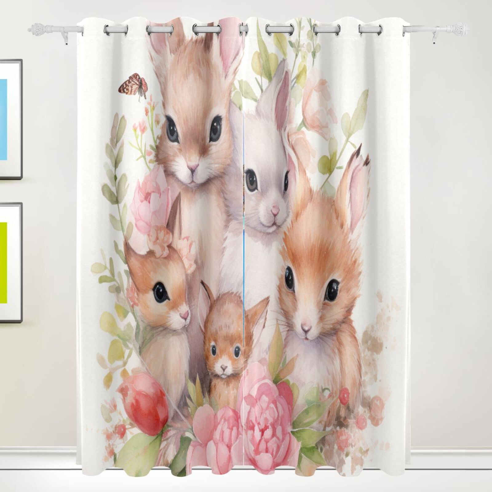Rabbits Flowers Leaves Black Out Curtains 72 Inch Length Curtains for Sliding Glass Doors Bedroom Living Room 2 Pack