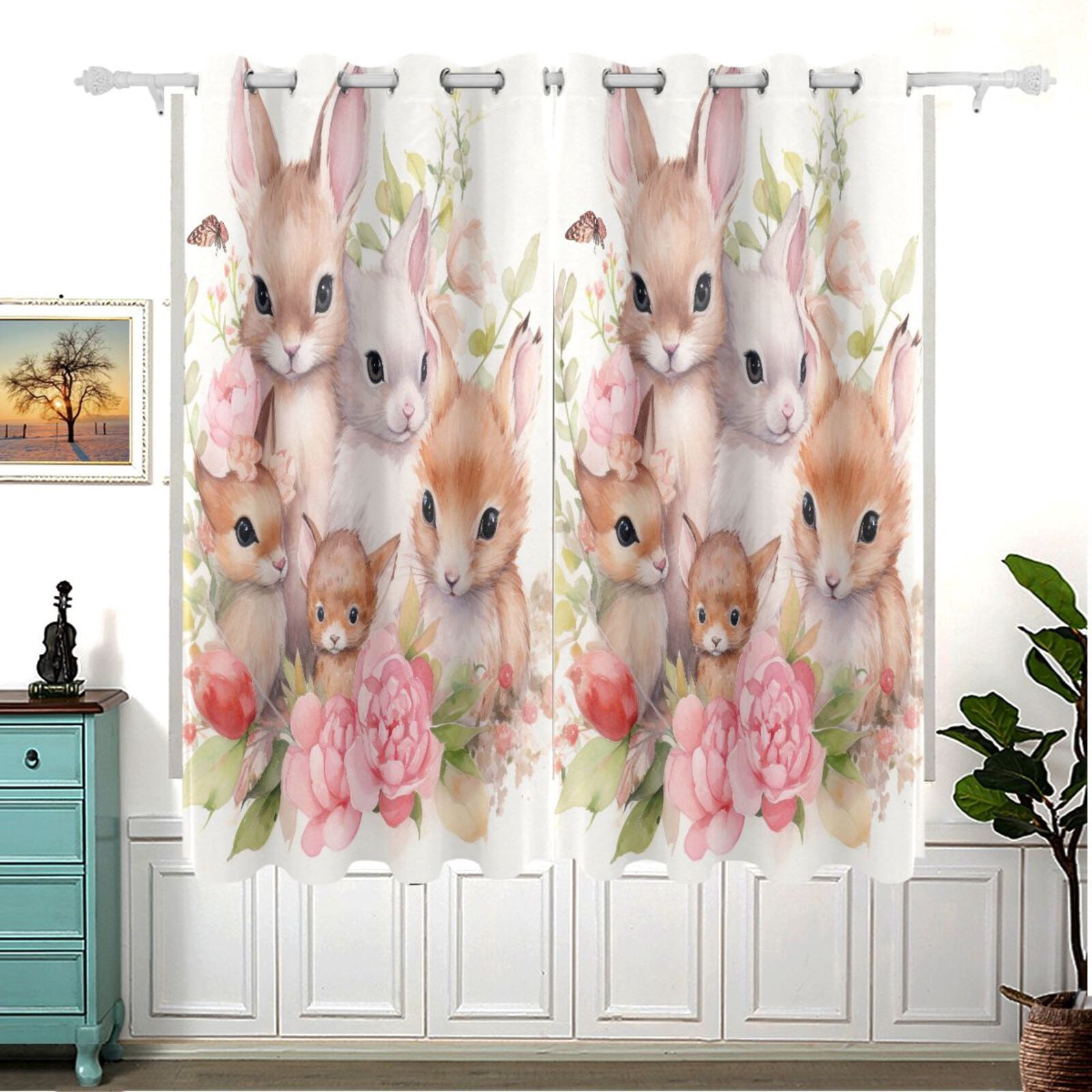 Rabbits Flowers Leaves Blackout Curtain Panels 63x55in Drapes Privacy ...