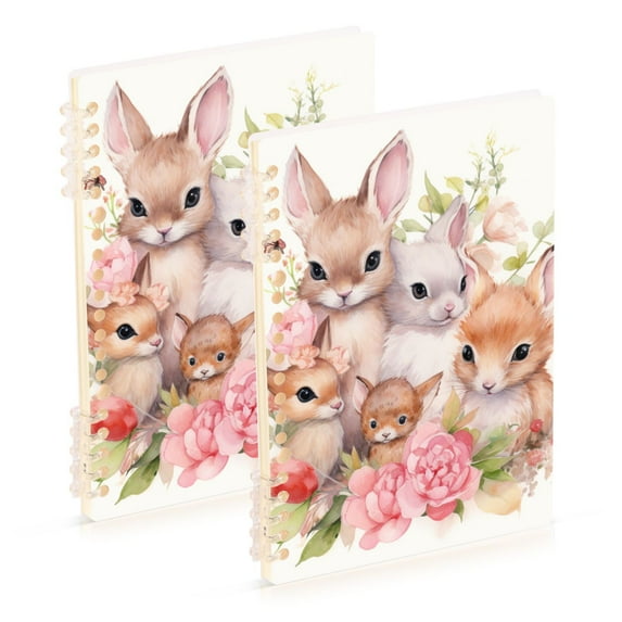 Rabbits Flowers Leaves Ring Binder Notebook Journey Note Diary College Ruled Spiral Notebook Study Loose Leaf Paper A5 60 Pages