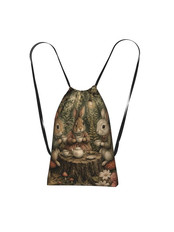 Rabbits Garden Tea Art Packable Drawstring Backpack, Lightweight Foldable Cinch Storage Bag for Gym Travel Shopping