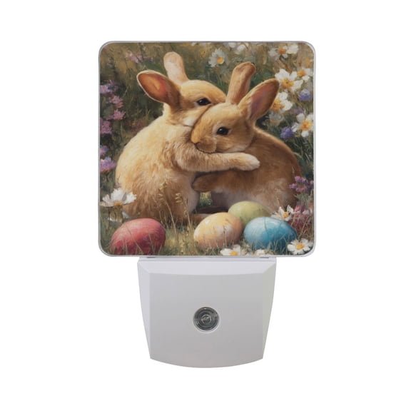 Rabbits Hug Together Easter Eggs Flower Field LED Night Light Sensor Lamp Plug-in Adjustable Brightness 2 Pack