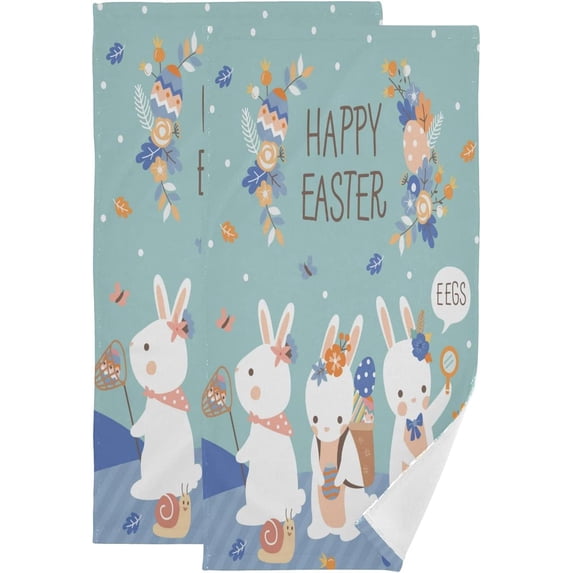Rabbits Hunt Eggs Hand Towels 2 PCS, Spring Easter Kitchen Towel Ultra Soft and Highly Absorbent,Decorative Fingertip Face Towel for Bathroom Hotel, 28.3"x14.4"