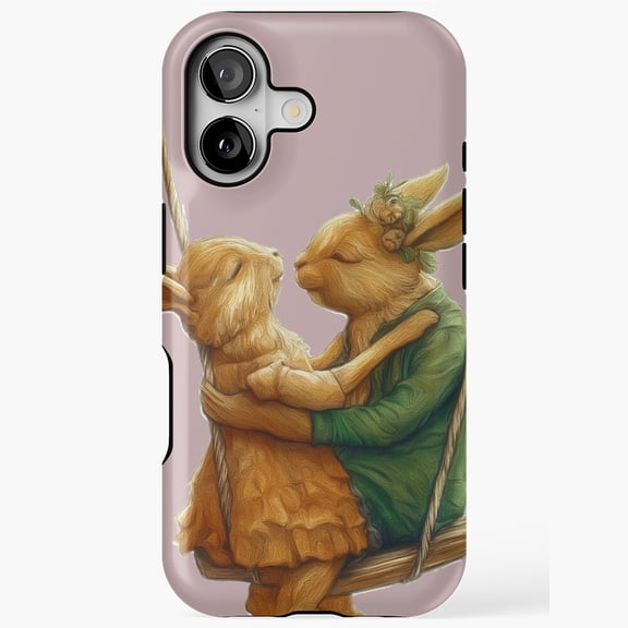 Rabbits On A Swing Playful Animal Art iPhone Case 17 through 11 Pro Max