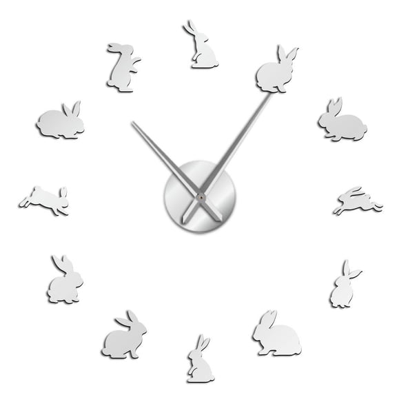 Rabbits Pet Silhouette Frameless Wall Clock Stickers, DIY Modern Decorative Clocks for Living Room, Bedroom, Office - Easy to Install, Large 3D Clock Design (Silver,37in)