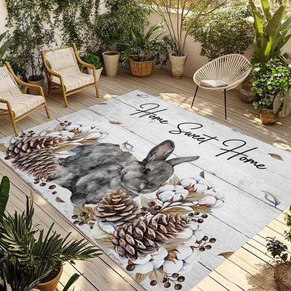 Rabbits Pine Cone Outdoor Rug for Patio/Deck/Porch, Non-Slip Large Area Rug 5 x 8 Ft, Sweet Home Texture Farmhouse Grey Wooden Indoor Outdoor Rugs Washable Area Rugs, Camping Rug Carpet Runner