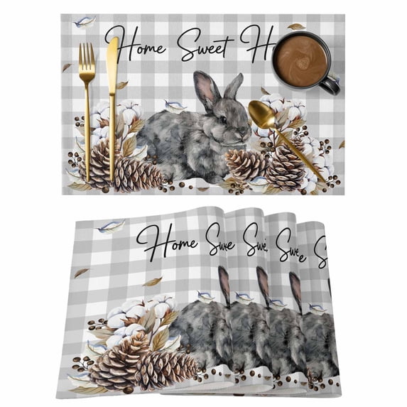 Rabbits Pine Cone Placemats Set of 6, Sweet Home Texture Grey Plaid Farmhouse Placemats for Dining Table, Place Mats for Kitchen Tabletop, Waterproof Wipeable Dining Table Mats Set