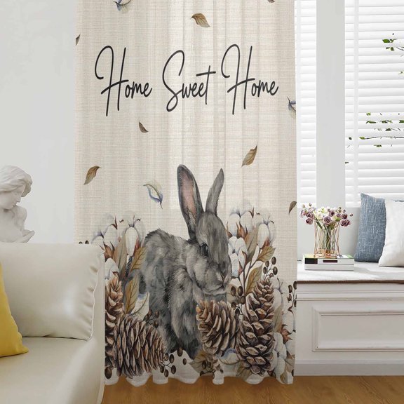 Rabbits Pine Cone Sheer Curtains 54 Inches Long for Living Room/Bedroom, Sweet Home Texture Rustic Leaf Retro Beige Rod Pocket Voile Kitchen Curtains & Drapes Window Treatment 1 Panel, 52"W x 54"L