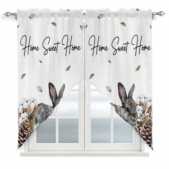 Rabbits Pine Cone Swag Valances for Windows 2 Pack, Kitchen Window Curtains 36 Inch Length, Sweet Home Texture Brown Leaves Berries Privacy Swag Curtains for Living Room/Bathroom 36"x36"