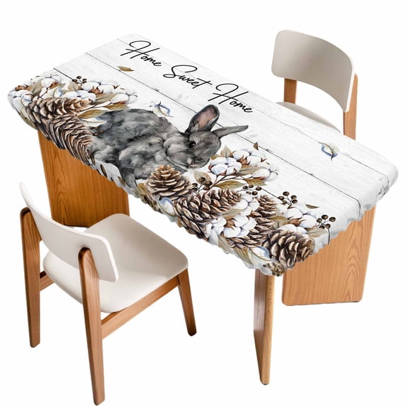 Rabbits Pine Cone Table Cloths for 5 Foot Rectangle Tables, Sweet Home Texture Farmhouse Grey Wooden Patio Waterproof Elastic Fitted Tablecloths, Washable Rectangular Table Cover for Camping