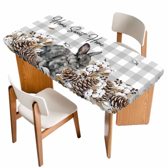 Rabbits Pine Cone Table Cloths for 5 Foot Rectangle Tables, Sweet Home Texture Grey Plaid Farmhouse Patio Waterproof Elastic Fitted Tablecloths, Washable Rectangular Table Cover for Camping