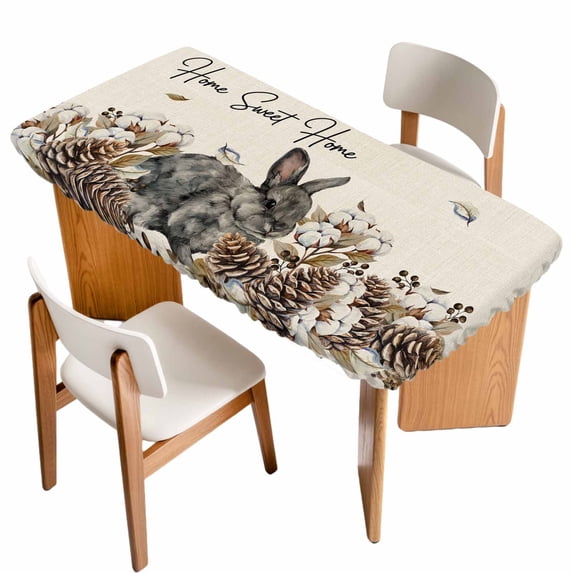 Rabbits Pine Cone Table Cloths for 5 Foot Rectangle Tables, Sweet Home Texture Rustic Leaf Retro Beige Patio Waterproof Elastic Fitted Tablecloths, Washable Rectangular Table Cover for Camping