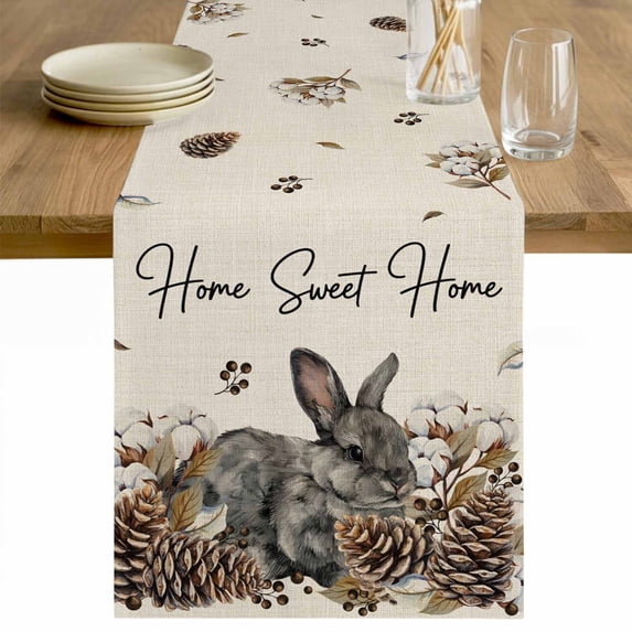 Rabbits Pine Cone Table Runner - 120 Inch Long Sweet Home Texture Rustic Leaf Retro Beige Cotton and Linen Blended Dress Scarves Farmhouse Table Runner for Kitchen Dining, Coffee Table, 13" x 120"