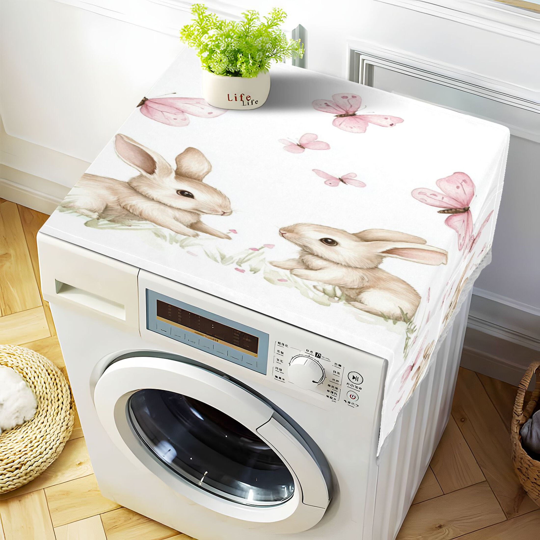 Rabbits Playing with Pink ButterfliesWasher and Dryer Covers Dust-Proof and Oil Resistant Fridge Cover with 4 Storage Pockets Washing Machine Top Cover for Laundry Kitchen Home 51.2 x 22 In