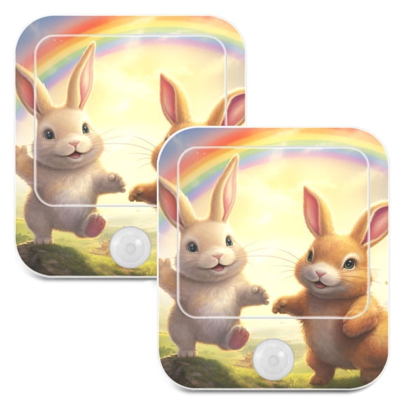 Rabbits and Rainbow Grassland Night Lights Plug into Wall LED with Auto Light Sensor Warm Light for Kids Hallway Bedroom Living Room Kitchen Bathroom Set of 2