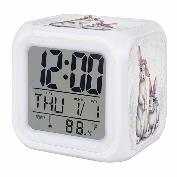 Rabbits With Rings Alarm Clock, Pink Flower Watercolor Digital Clock Night Light with 7 Color, Calendar Temperature Display, LED Desk Small Clock for Bedrooms Bedside Living Room