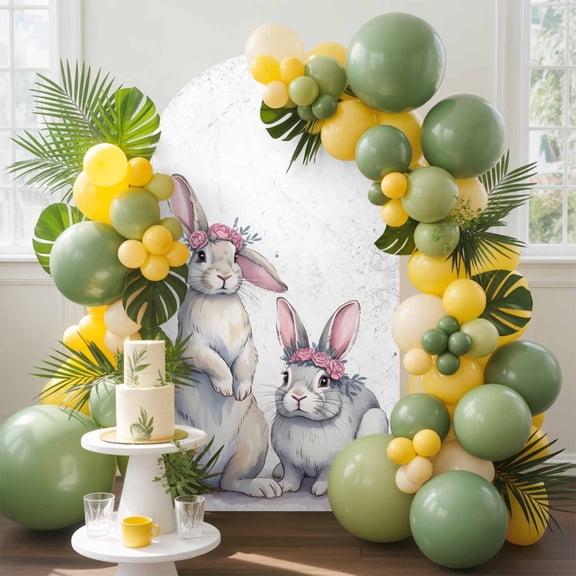 Rabbits With Rings Arch Backdrop Cover, 7.2FT, Pink Flower Animals Watercolor Spandex Arch Covers Double-Sided Backdrop for Wedding Birthday Party Photo Background Decoration