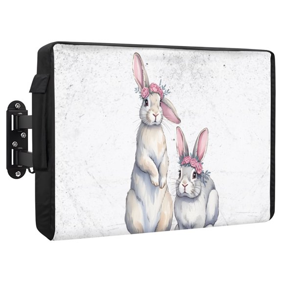 Rabbits With Rings Outdoor TV Cover 40 to 43 Inch Pink Flower Animals Watercolor Weatherproof and Waterproof TV Cover Heavy Duty Outside Flat TV Screen Protector with Remote Control Pocket