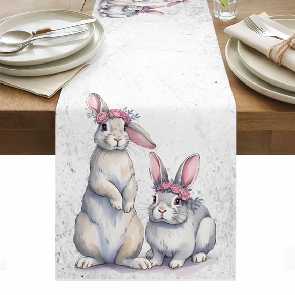 Rabbits With Rings Table Runner 13 x 36 Inch, Pink Flower Animals Watercolor Washable Cotton Linen Dining Table Runner Tabletop Decorations for Restaurant Home Kitchen Party