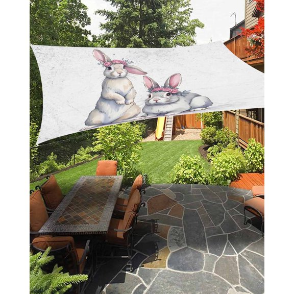 Rabbits With Rings Waterproof Sun Shade Sail Pink Flower Animals Watercolor Outdoor Patio Sun Shades Canopy UV Block Waterproof Sunshade for Garden Backyard Deck Pergola 8x10 Ft