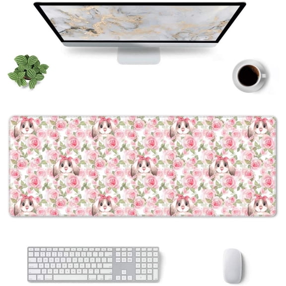 Rabbits with Rose -Mouse Pad, Big Desk Mat, Extended Gaming Mouse Pad, Mouse Mat with Non-Slip Rubber Base & Stitched, 31.5 X 11.8 in Large Desk Pad for Keyboard, Mouse, Home and Office