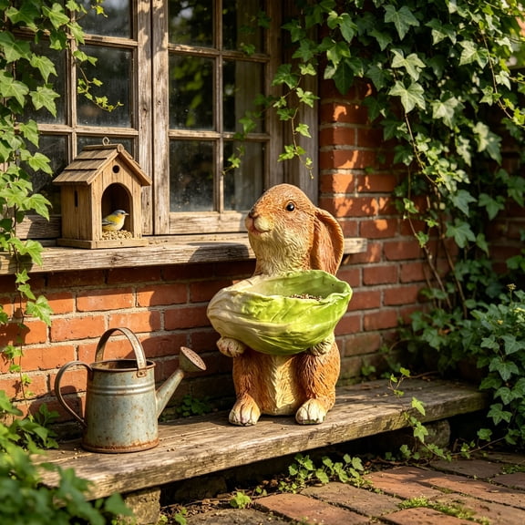 Rabbits Shaped Bird Feeder Outdoor, Resin Bunny Bird Bath with Hand Painted Finish, Weatherproof Garden Statue for Yard Patio Decor, Small Animal Figurine 8.26 Inch