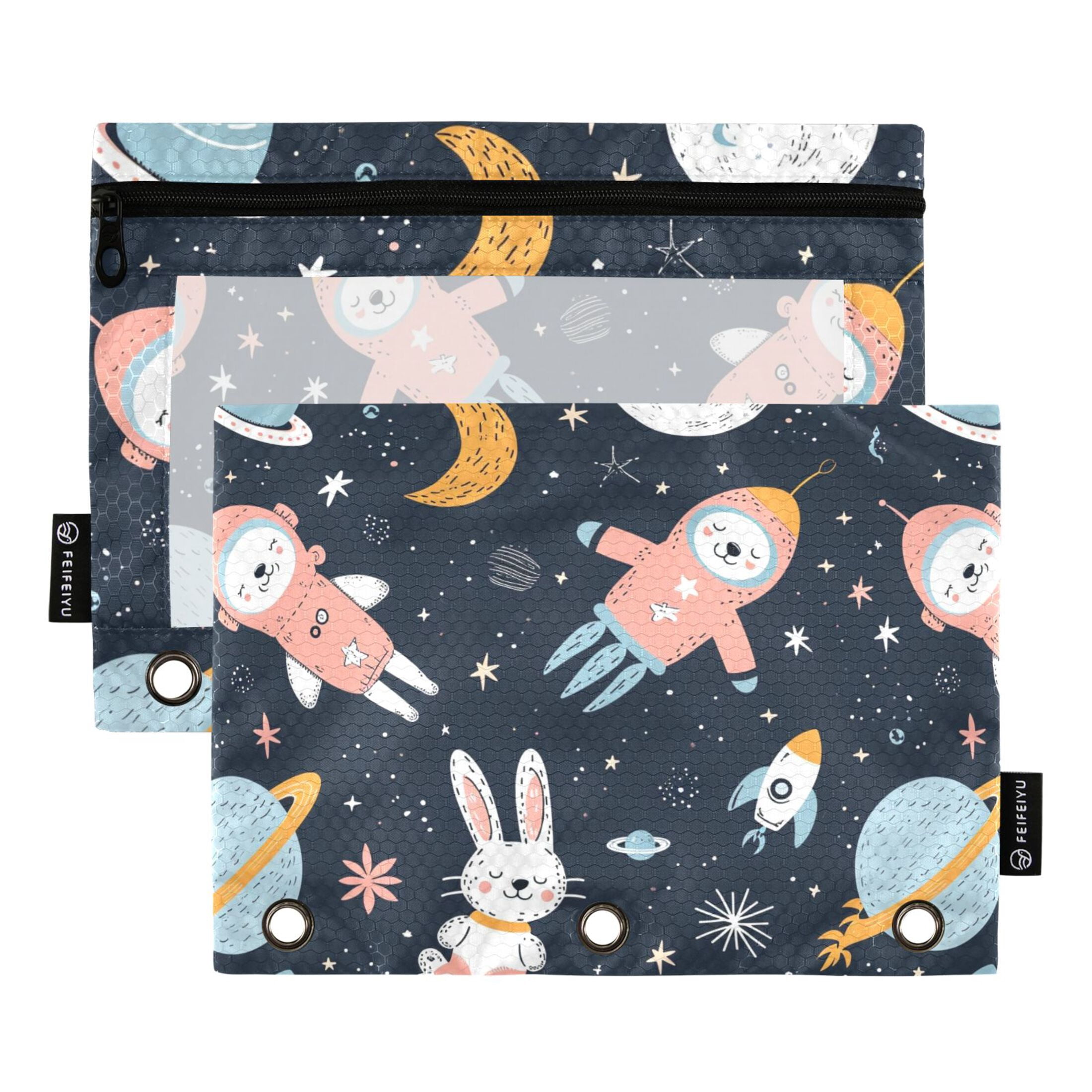 Rabbits Star Planet 2 Pack Pencil Pouch for 3 Ring Binder Smooth Zipper ...