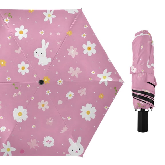 Rabbits and Flowers All Weather Umbrella Triple Folding Parasol 6 Ribs UV Protection Portable