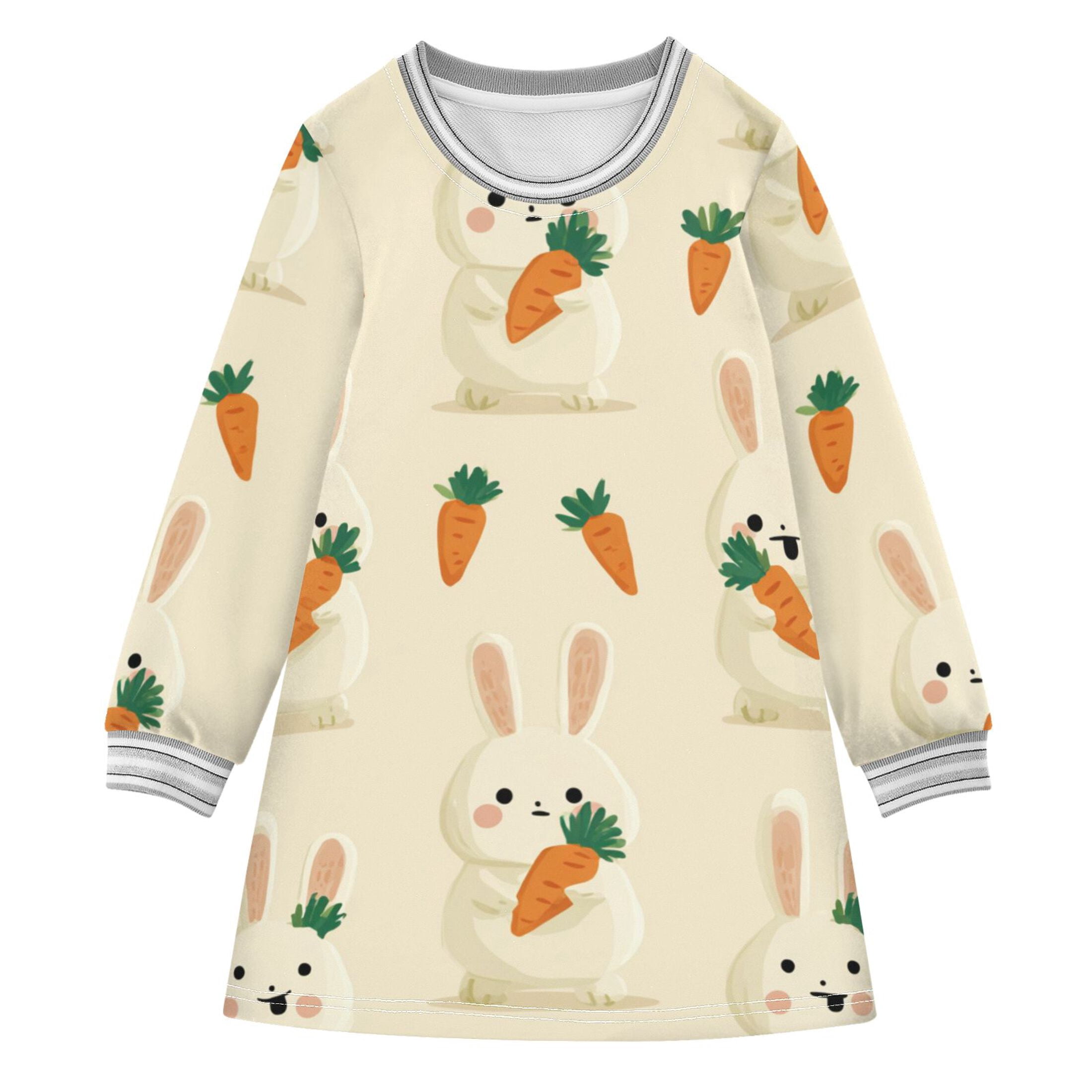 Rabbits with Carrots Cartoon Long-sleeved Dress A-line One-Piece Dress ...
