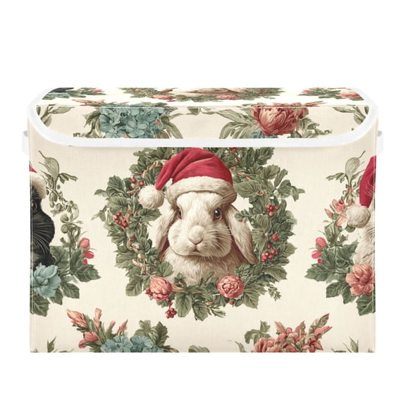 Rabbits with Christmas Hat Roses Foldable Storage Bins with Lids Handles Collapsible Storage Containers Tote Boxes 16.5 x 12.6 x 11.8 inches