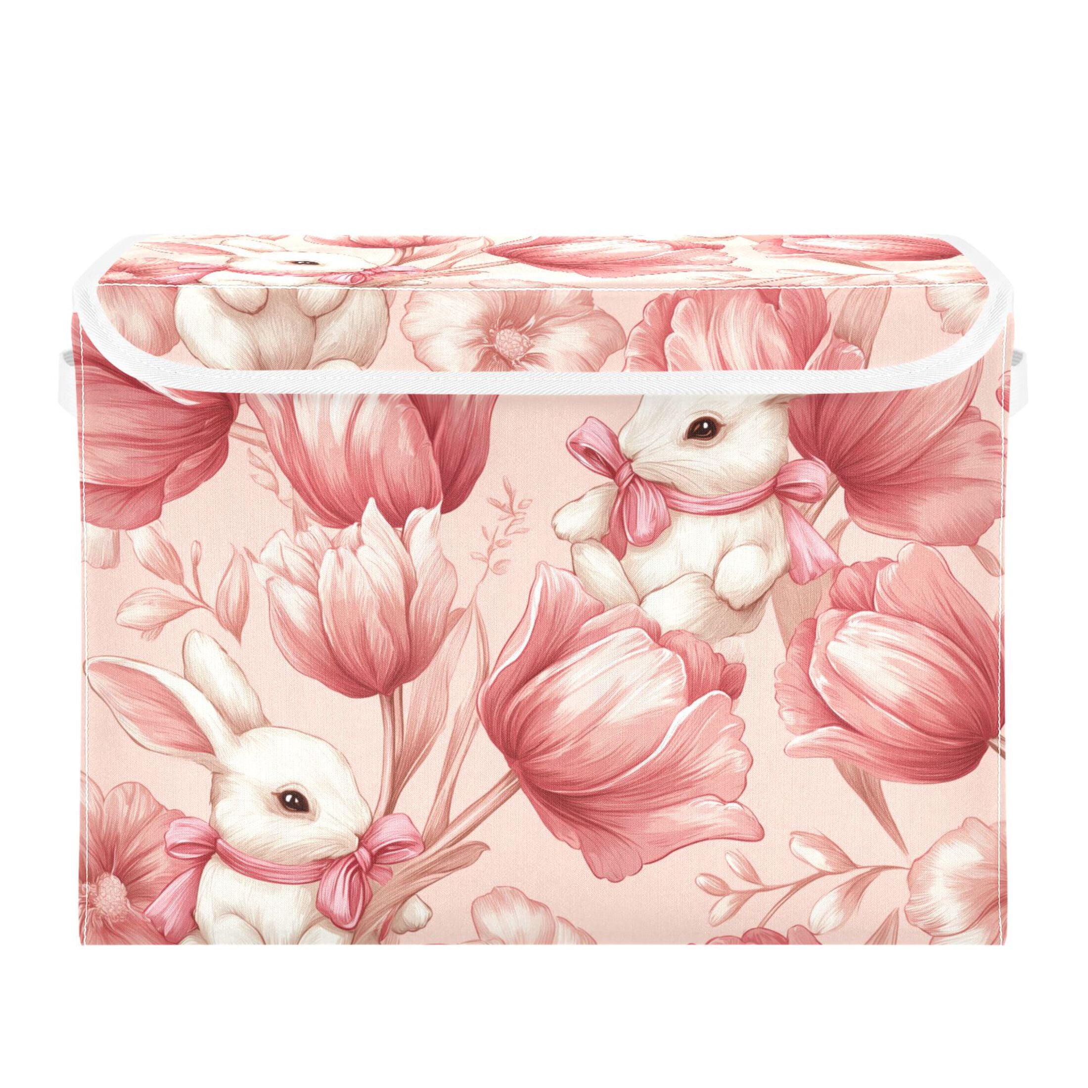 Rabbits with Pink Bows Tulips Foldable Storage Bins with Lids Handles ...