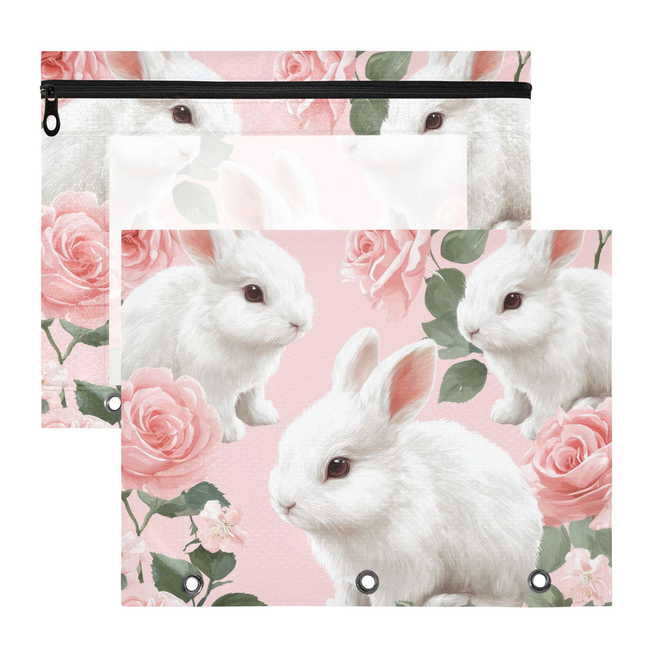 Rabbits with Pink Roses Adorable 3-Ring Binder Pocket with Zipper ...