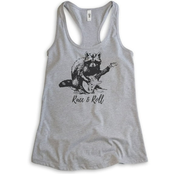 Racc & Roll Tank Top, Ladies Racerback Tank Top, Raccoon Tank, Funny Raccoon Graphic Tee, Clever Raccoon, Heather Gray, Medium