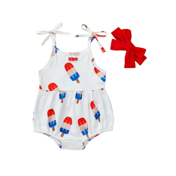 Raccmtaty 4th of July Baby Girls Rompers Ice Cream Print Tie-Up Spaghetti Strap Bodysuits Summer Jumpsuits with Headband