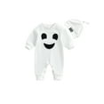 thumbnail image 1 of Raccmtaty Baby 2Pcs Halloween Outfits Long Sleeve Round Neck Ghost Jumpsuit with Hat Set Infant Clothes, 1 of 9