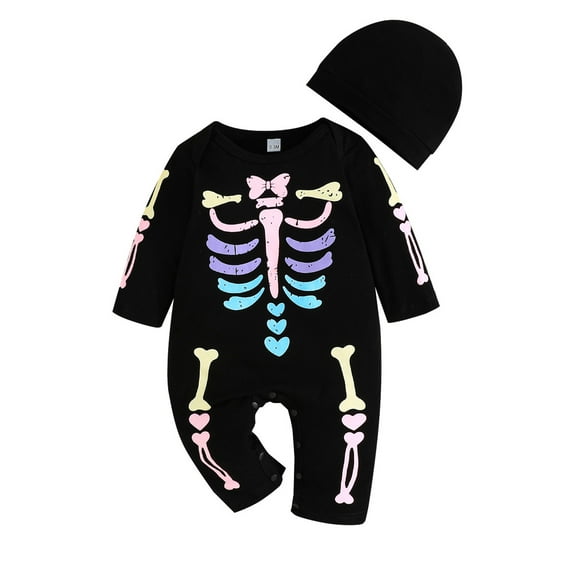 Raccmtaty Baby 2Pcs Halloween Outfits Long Sleeve Round Neck Skeleton Print Jumpsuit with Hat Set Infant Clothes