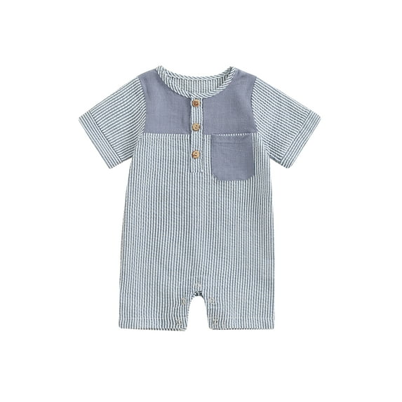 Raccmtaty Baby Boys Summer Button Romper Short Sleeve O Neck Stripe Print Jumpsuit with One Pocket