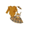 thumbnail image 1 of Raccmtaty Baby Girl Thanksgiving Outfits Solid Color Long Sleeve Romper Turkey Embroidery Suspender Skirts Headband 3Pcs Clothes Set, 1 of 9