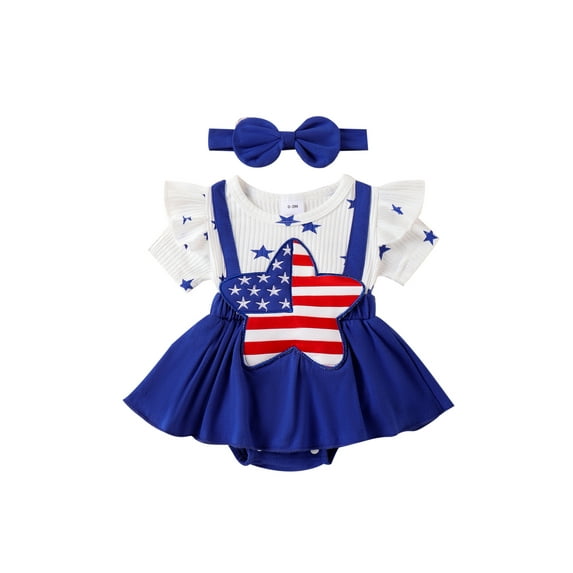 Raccmtaty Baby Girls Fourth of July Outfits Short Sleeve Star Romper + Headband Set Newborn Clothes