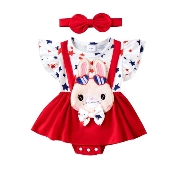 Raccmtaty Baby Girls Independence Day Romper Dress Flying Sleeve Stars Print Jumpsuit with Headband