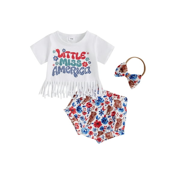Raccmtaty Baby Girls Summer Outfits Letter Print Tassel Short Sleeve T-Shirt and Cow Floral Print Shorts Cute Headband Set