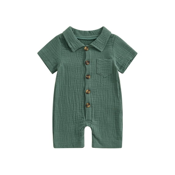 Raccmtaty Infant Baby Boy Summer Jumpsuit Solid Color Short Sleeve Lapel Button Down Romper