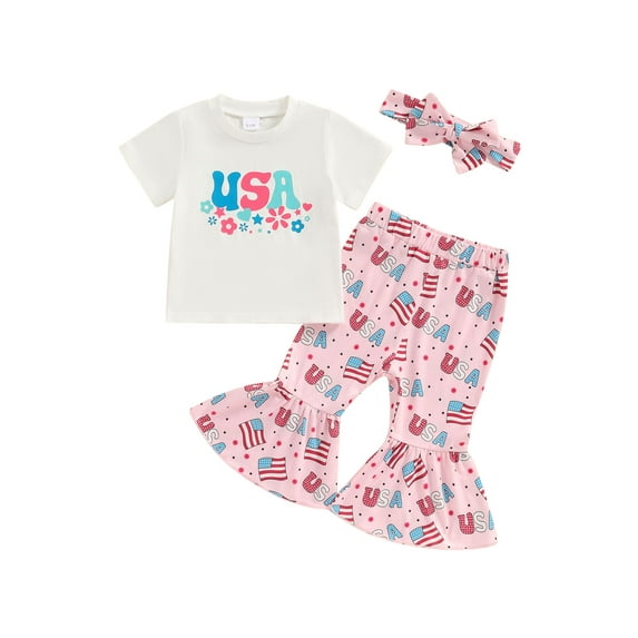 Raccmtaty Kids Girls 4th of July Outfits Letter Print Short Sleeve T-Shirt and Flare Pants Headbands Set 3 Piece Clothes