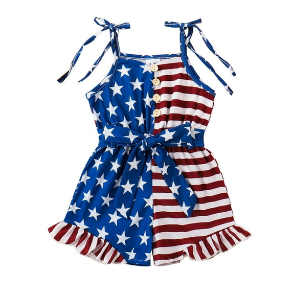 Raccmtaty Little Girl Summer Romper Casual 4th of July Sleeveless Shorts Jumpsuit with Belt for Newborn Toddler Cute Clothes