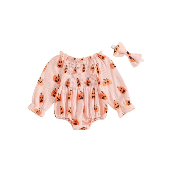 Raccmtaty Newborn Girl Outfit, Long Sleeve Off-shoulder Pleated Pumpkin Print Romper with Hairband Halloween Clothes