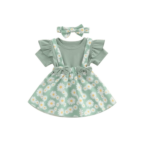 Raccmtaty Toddler Girl Dress Set, Short Sleeve Crew Neck Flower Print Bow Patchwork Dress with Headband Summer Outfit